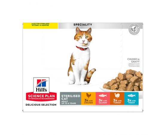 Hill's Science Plan Cat Young Adult Sterilised Nassfutter Multipack Huhn, Lachs, Forelle & Pute 12 x 85g
